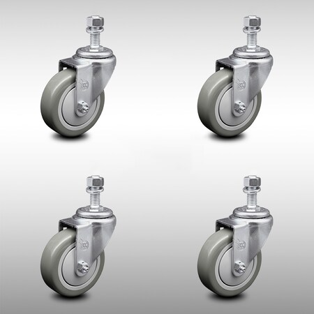 Service Caster 4 Inch SS Gray Polyurethane Wheel Swivel 12mm Threaded Stem Caster Set SCC SCC-SSTS20S414-PPUB-M1215-4